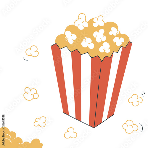 Bucket of popcorn with flying kernels, fun snack illustration