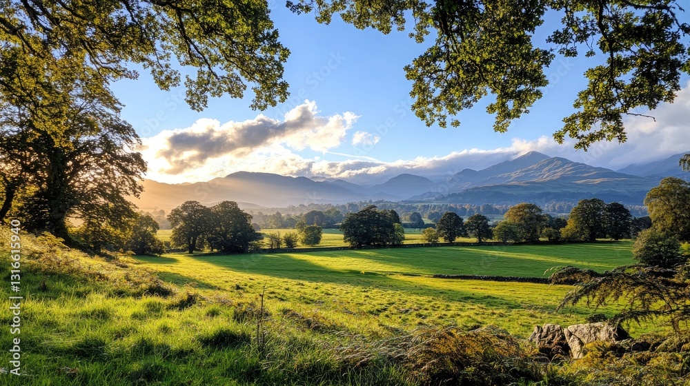 Serene Landscape of Rolling Hills and Sunlit Green Fields