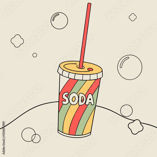 Colorful soda cup with a straw and bubbles, fun illustration