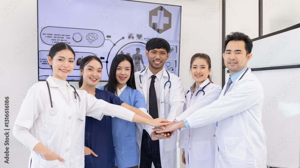 Fototapeta premium Healthcare and medical concept, A group of doctors working together as a team in a hospital or clinic, Medical doctor hands together for healthcare teamwork.