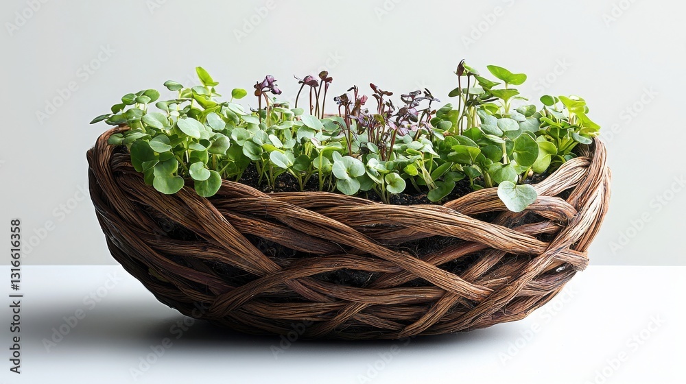 A woven basket filled with vibrant green plants, showcasing a harmonious blend of nature and artistry. A woven basket filled with vibrant green plants, showcasing a harmonious blend of nature and artistry.