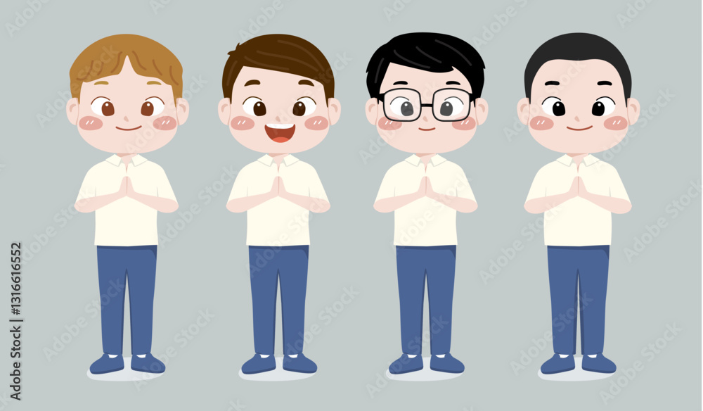 Illustration vector graphic of children in a row, row of school boys in different style, greeting with both hands, suited for school education advertisement, educational needs, friendship, greetings Illustration vector graphic of children in a row, row of school boys in different style, greeting with both hands, suited for school education advertisement, educational needs, friendship, greetings