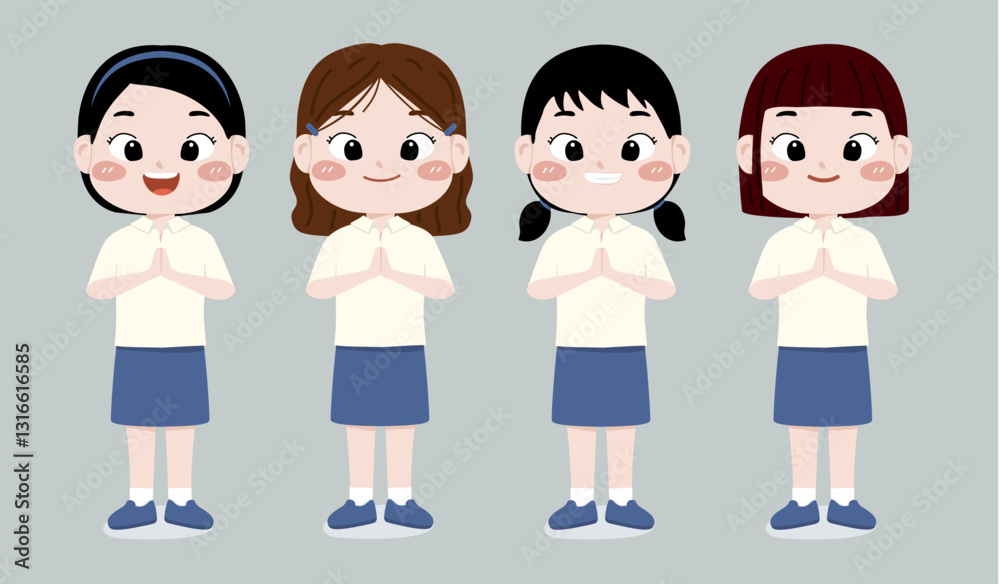 Illustration vector graphic of children in a row, row of school girls in different style, greeting with both hands, suited for school education advertisement, educational needs, friendship, greetings Illustration vector graphic of children in a row, row of school girls in different style, greeting with both hands, suited for school education advertisement, educational needs, friendship, greetings