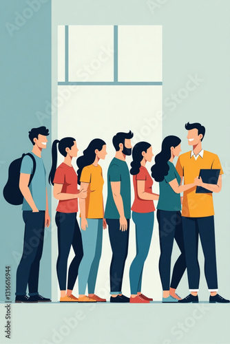 People of various ages and ethnicities waiting in queue to sign up for health insurance online