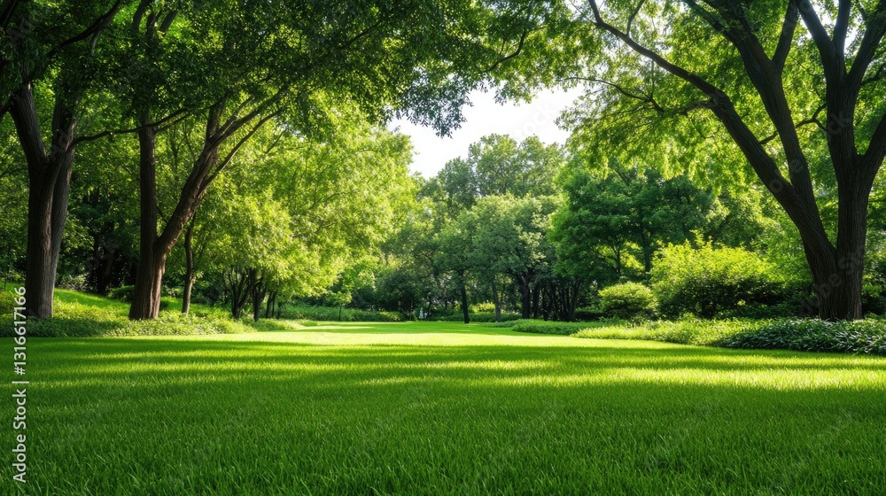 Tranquil Green Park with Lush Trees and Bright Sunlight in Nature Tranquil Green Park with Lush Trees and Bright Sunlight in Nature