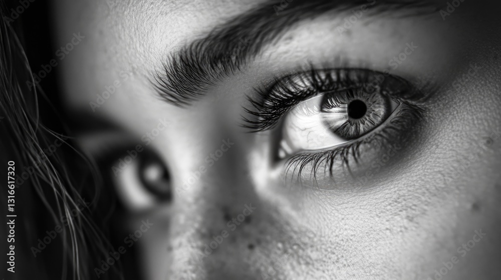 Fototapeta premium This image features a close-up portrait of a woman's face, focusing on her brown eyes and eyebrows. Her gaze is directed to the side, conveying a sense of introspection or distraction.