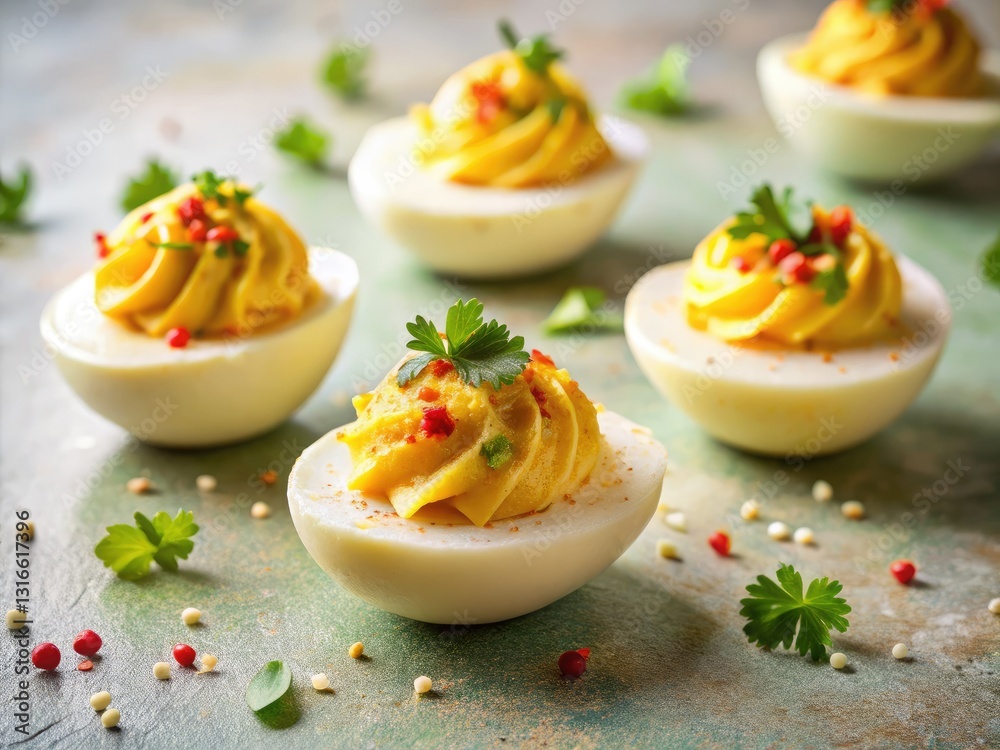 Elegant deviled eggs: minimalist photography showcasing simple food styling.