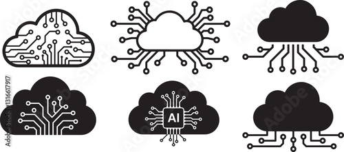 Black Cloud AI Icon Vector Cloud Computing with Circuit Connections
