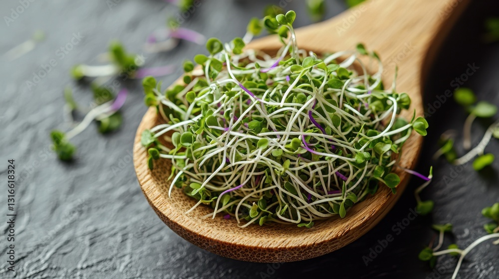 A close-up of fresh microgreens displayed in a wooden spoon on a dark surface, highlighting their delicate texture and vibrant color. A close-up of fresh microgreens displayed in a wooden spoon on a dark surface, highlighting their delicate texture and vibrant color.