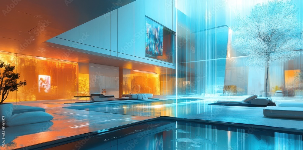 Obraz premium Futuristic interior design featuring a pool and natural light