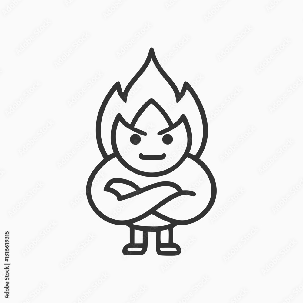 Fototapeta premium Muscular fire flame cartoon character with arms crossed. Cute Fire Character Design Illustration 