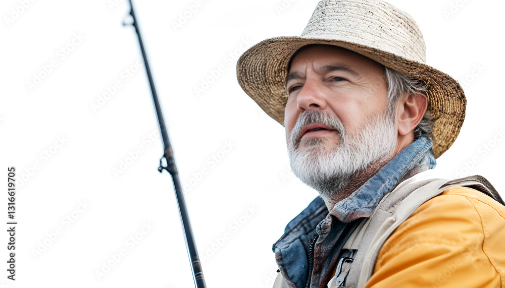 Fisherman with rod and caught fish isolated on white Fisherman with rod and caught fish isolated on white