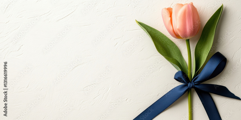 Elegant navy blue ribbon on a pink background in high fidelity. Elegant navy blue ribbon on a pink background in high fidelity.