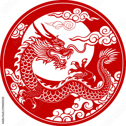 Mythical red dragon circling within a lunar eclipse silhouette design
