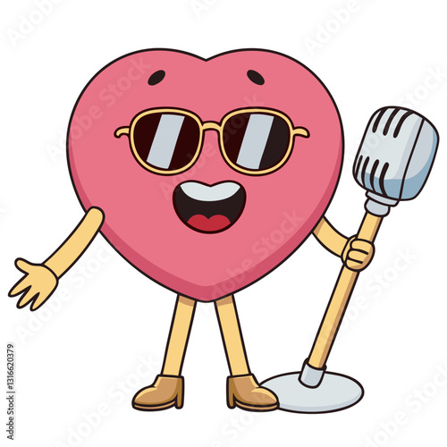 Cheerful heart character with sunglasses singing into a microphone for fun