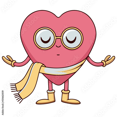 Cartoon heart character with glasses and scarf expressing inner calm