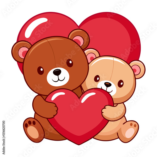 Charming teddy bears hugging, expressing affection with red heart balloons art