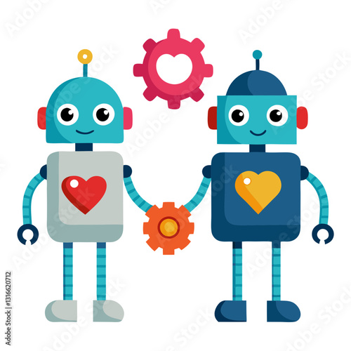 Robotic Romance: Two Cartoon Robots Holding Gears in a Digital Embrace