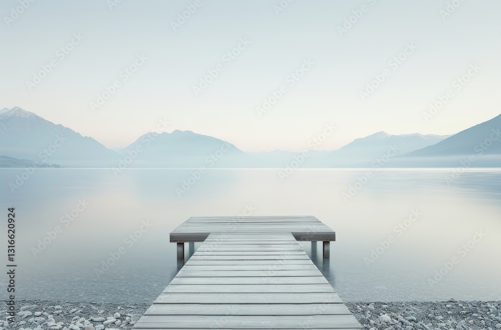 Naklejka premium Serene lake view with a wooden dock extending into calm waters, surrounded by mountains under a gentle, overcast sky.