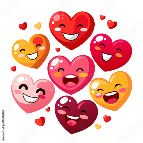 Colorful Hearts Emoticons with Joyful Expressions on a Black Background
