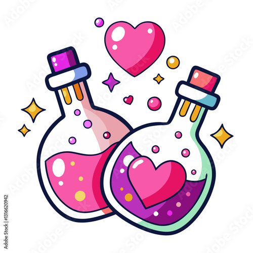 Two love potions bottles with heart and star shapes on a black background