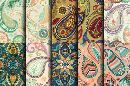 Colorful paisley patterns in various designs showcasing intricate details and vibrant tones.