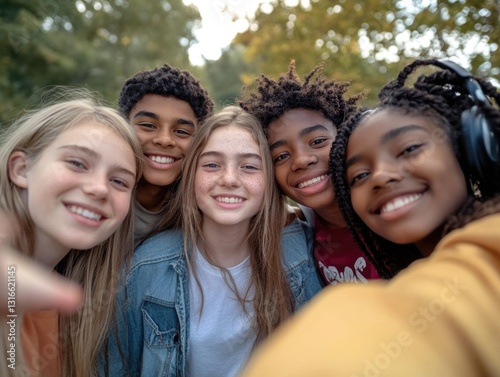 Smiling young friends posing for a selfie outdoors in daylight. Group of diverse teens enjoying time together.