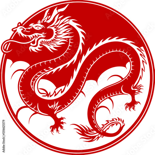 Red Dragon Circle Emblem, Symbol of Power and Mystical Creature Imagery