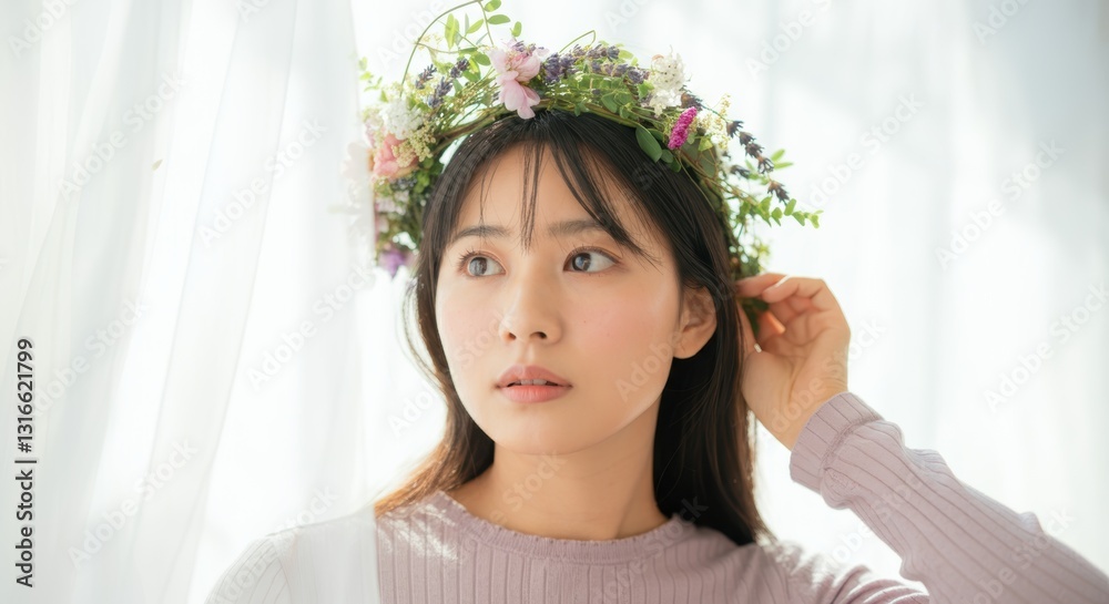 Young asian female with floral crown in sunlit room Young asian female with floral crown in sunlit room