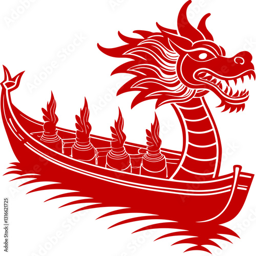 Stylized Dragon Boat Illustration in Red on Black Background Artwork