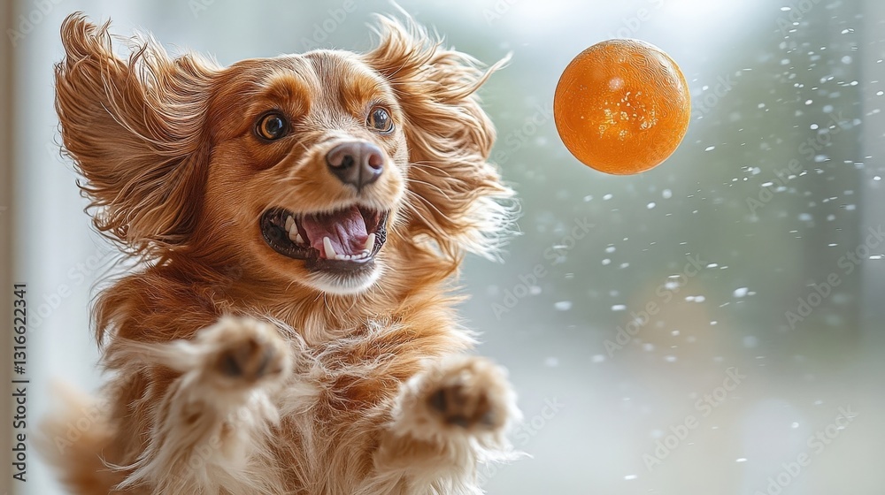 Naklejka premium Catch spaniel dog playing ball with orange ball against blurry background