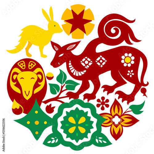 Decorative folk art illustration featuring animals and floral elements design