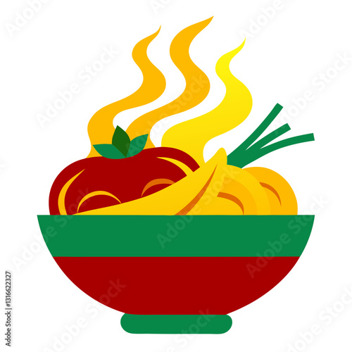 Delicious steamy noodle bowl illustration with vibrant colors on black backdrop