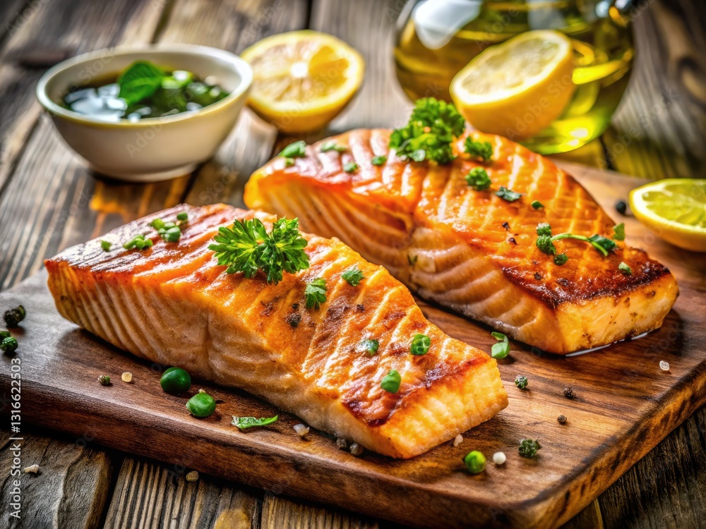 Grilled salmon perfection: juicy fillets, zesty lemon, effortless seafood dinner. Grilled salmon perfection: juicy fillets, zesty lemon, effortless seafood dinner.