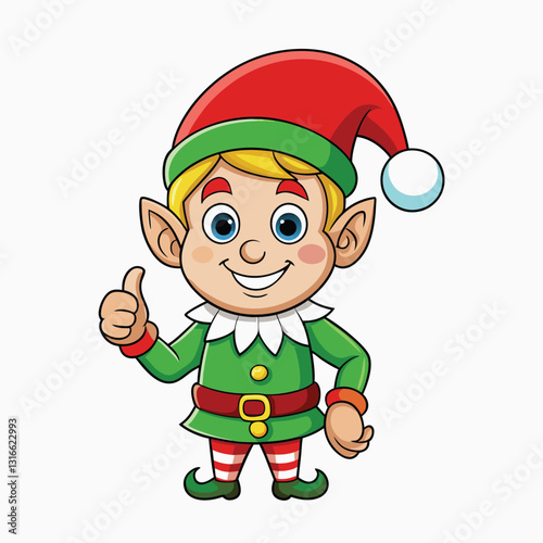 Christmas elf sitting cartoon character. Santa Claus christmas elf in red costume and cap showing thumbs up sign. Isolated vector illustration