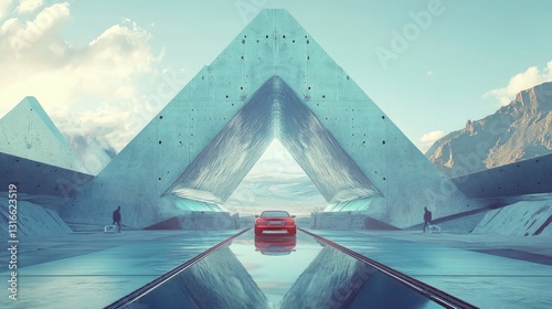Wallpaper Mural Futuristic Red Car in Minimalist Concrete Architectural Setting with Mountain Background Torontodigital.ca