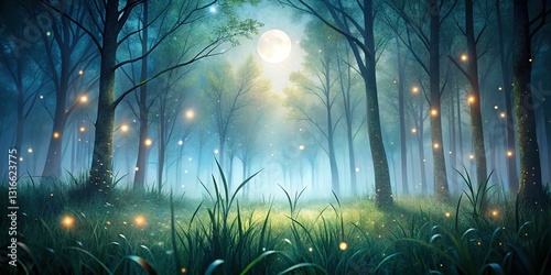 Enchanting Moonlight Forest Floor: Ethereal Grass Blades Illuminated by Soft Moonlight