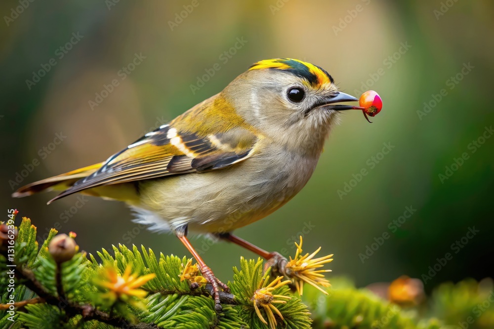 Fototapeta premium High-resolution image of a Goldcrest eating an insect. White background, copy space left.