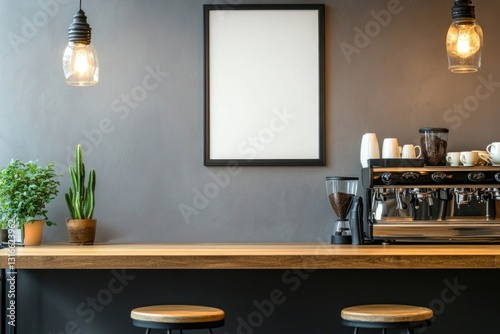 Modern cafe interior with empty frame, coffee machine, and bar stools.