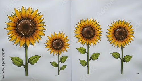 Four sunflowers illustrated in a children's book style, showing different angles and stages of bloom with vibrant yellow petals and lush green leaves.