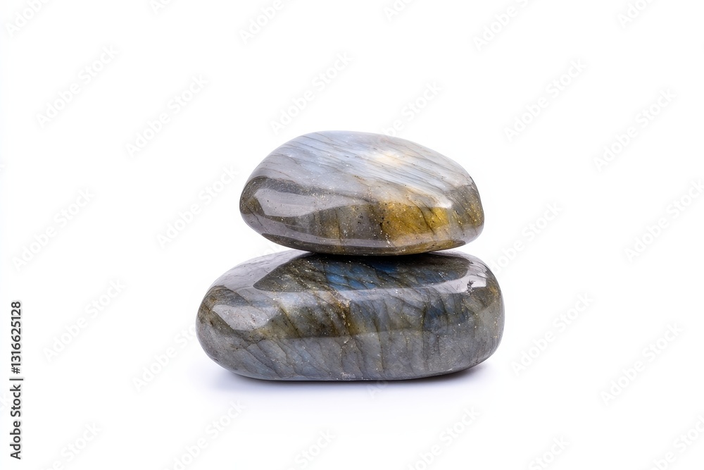 Two smooth, polished stones stacked elegantly, showcasing natural patterns and textures against a white background. Two smooth, polished stones stacked elegantly, showcasing natural patterns and textures against a white background.