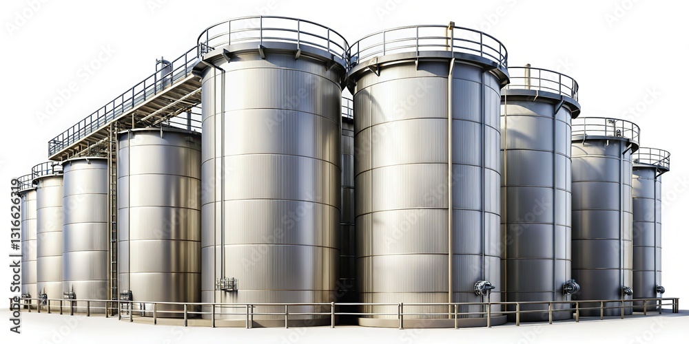 Industrial Storage Tanks: Rows of large metal tanks outdoors under a partly cloudy sky. Industrial Storage Tanks: Rows of large metal tanks outdoors under a partly cloudy sky.