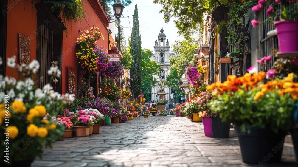 Fototapeta premium Charming Colorful Flower Street in Historic Town with Lush Greenery