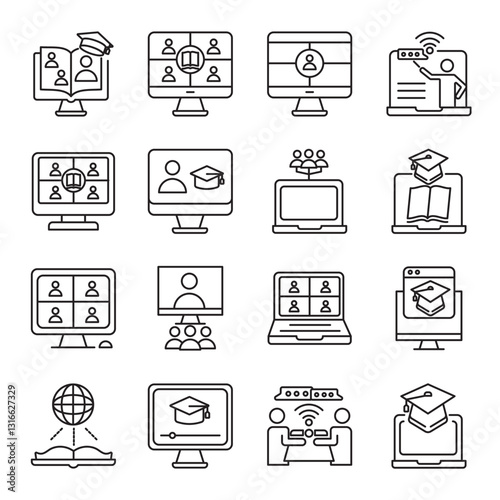 virtual classroom set of web icons in line style. virtual, classroom, online, education, learning, remote and teaching. Vector illustration