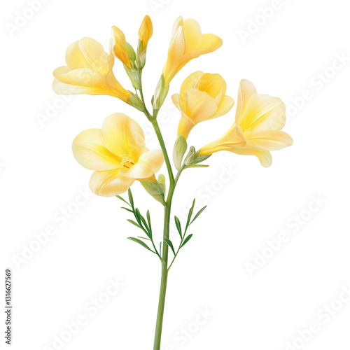 Golden Elegance: A close-up of a blooming freesia, showcasing the flower's delicate, trumpet-shaped petals in a soft yellow hue.