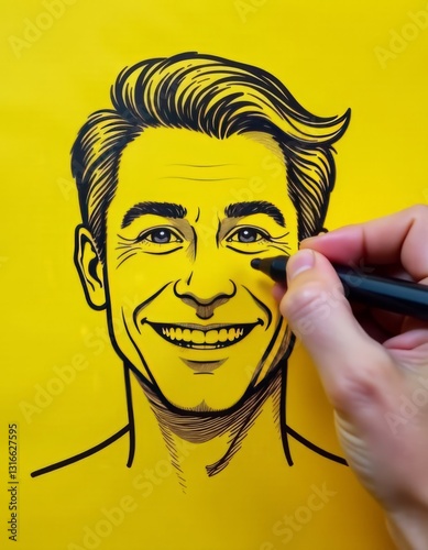 Male hand drawing a smiling happy face sketch on yellow background client satisfaction service or product evaluation Faces face smile happy expression woman isolated happiness vector female cheerful s photo