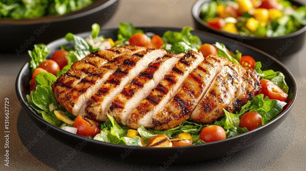 Grilled chicken breast served on a bed of fresh greens and cherry tomatoes, accompanied by a colorful vegetable salad in a stylish bowl. Grilled chicken breast served on a bed of fresh greens and cherry tomatoes, accompanied by a colorful vegetable salad in a stylish bowl.