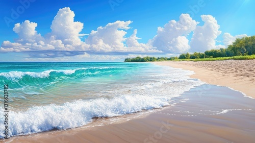 Serene Beach with Gentle Waves Under Bright Blue Sky in Daylight