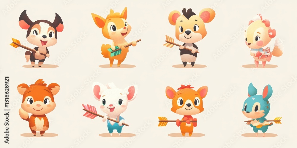 Eight Cute Cartoon Animals Holding Arrows Against a Light Background Eight Cute Cartoon Animals Holding Arrows Against a Light Background