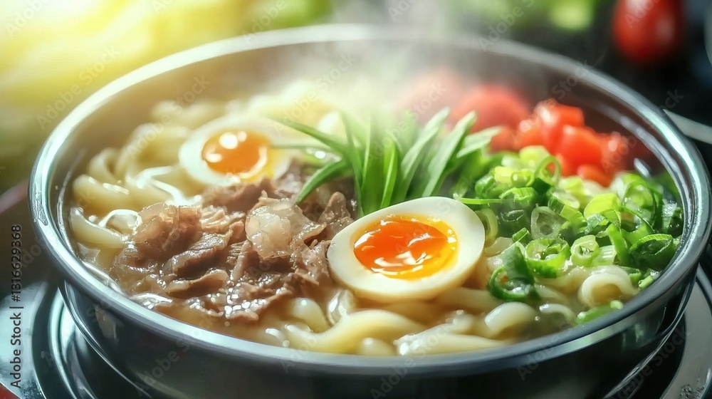 Delicious Udon Noodle Bowl with Kitsune Topping, Green Onion, and Soft-Boiled Egg Delicious Udon Noodle Bowl with Kitsune Topping, Green Onion, and Soft-Boiled Egg